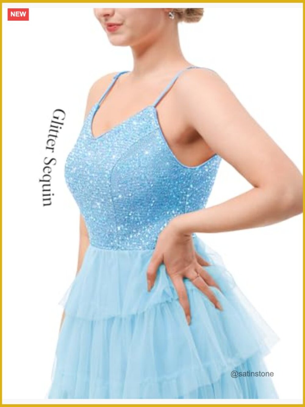 Glitter Sequin Tulle Tiered Mini Party Dress with Spaghetti Straps - Picture 4 of 7